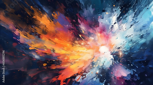 Energetic abstract background with vibrant splatters and dynamic brush strokes, employing a wide-angle lens to capture the boldness and movement. Generative AI