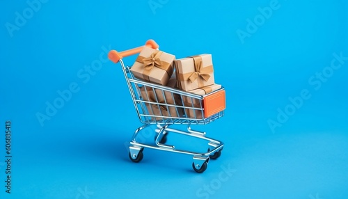 Small paper shopping bags with shopping cart on blue background
