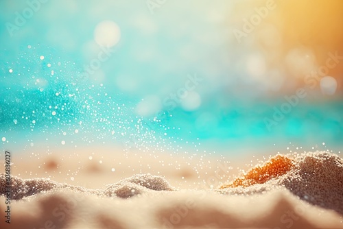Summer vacation and product ad concept with bokeh tropical sandy beach. Generative AI