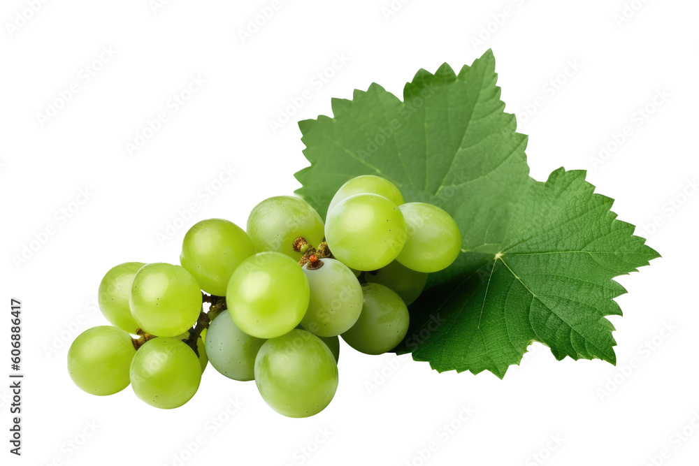Fotografie Green grape with leaves on transparent background. Generative AI.