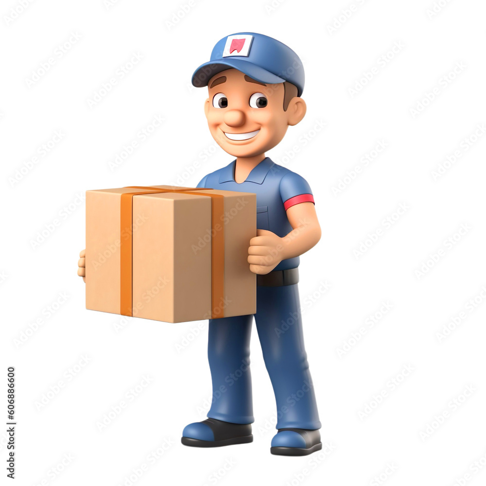 3d online delivery man holding a parcel box illustration. transparent background generative AI 3d online delivery man holding a parcel box illustration. transparent background generative AI