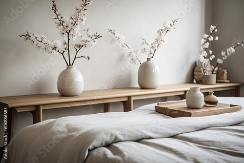 Close up of a wooden table, desk, or shelf with ceramic vases filled with cotton flowers over a double bed in a minimalist Japanese bedroom,. Generative AI