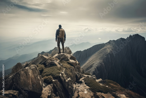 Reconnect with nature and experience the beauty and majesty of the great outdoors with this image of a man enjoying the view from a mountaintop with his backpack. AI Generative.