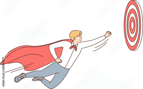 Young purposeful man in superhero cape flies in sky towards target, wanting to reach goal faster