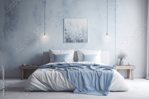 Bright details on a white bedroom. accent colors are quite peri. Mockup of an empty wall. a large space bed set. Generative AI photo