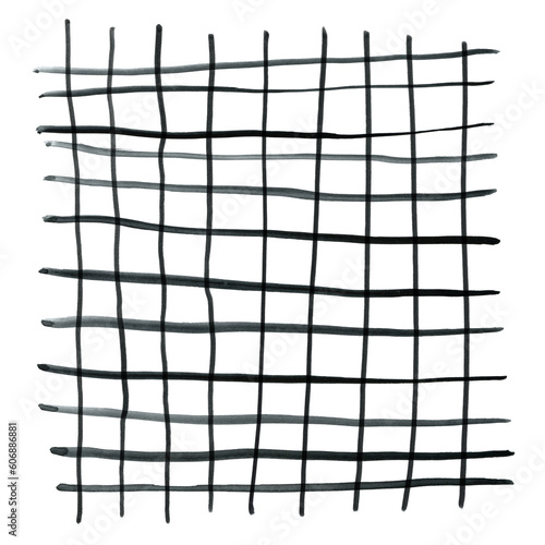 Painted watercolor decorative grid from black strips. Hand drawn elements isolated on white.