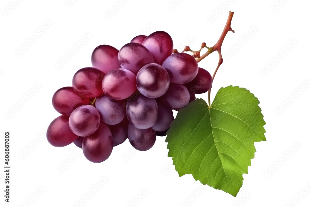 Fototapeta premium Red grape with leaves on transparent background. Generative AI.