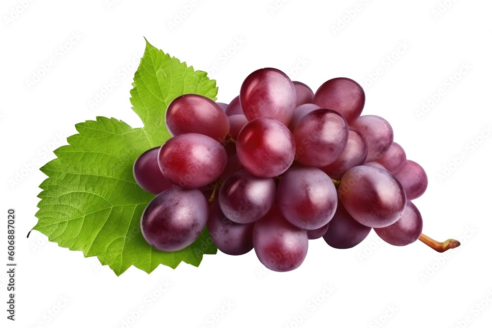 Red grape with leaves on transparent background. Generative AI. Red grape with leaves on transparent background. Generative AI.