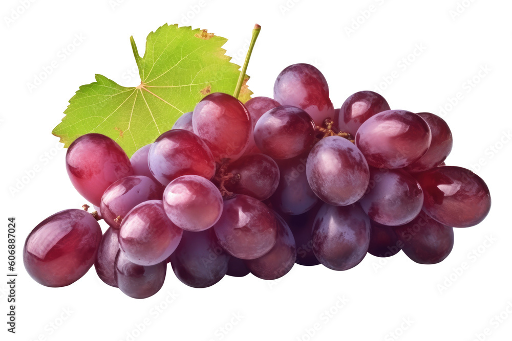 Fototapeta premium Red grape with leaves on transparent background. Generative AI.
