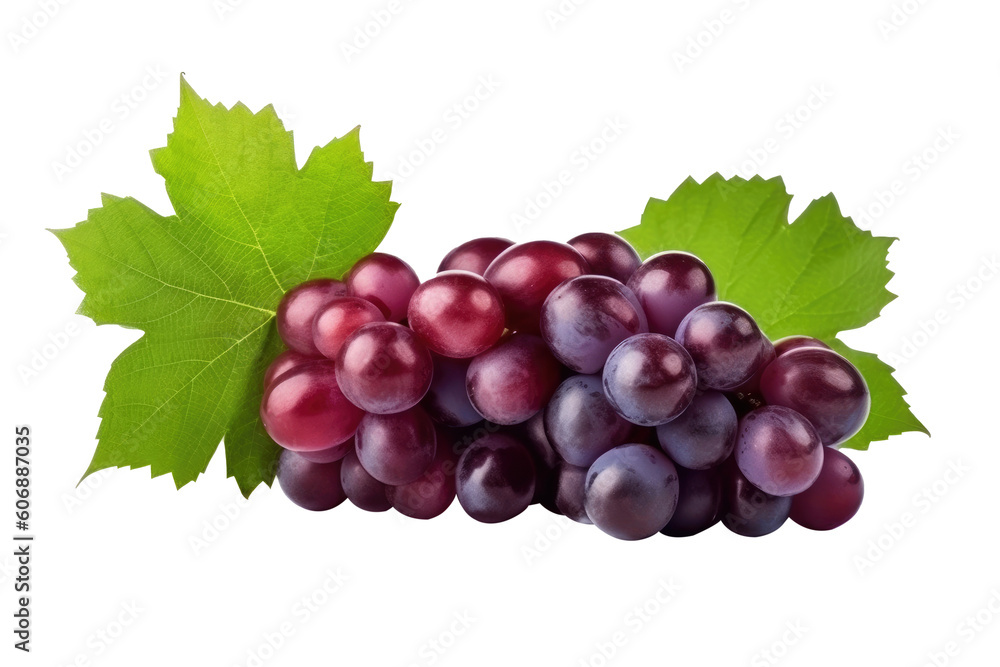 Red grape with leaves on transparent background. Generative AI. Red grape with leaves on transparent background. Generative AI.