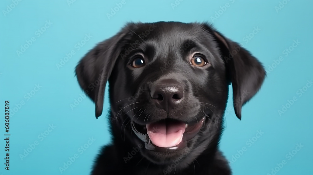 Happy black puppy smiling on an isolated green-blue light background, , generative ai tools