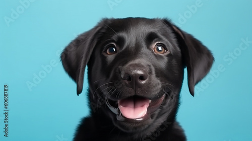 Happy black puppy smiling on an isolated green-blue light background, , generative ai tools