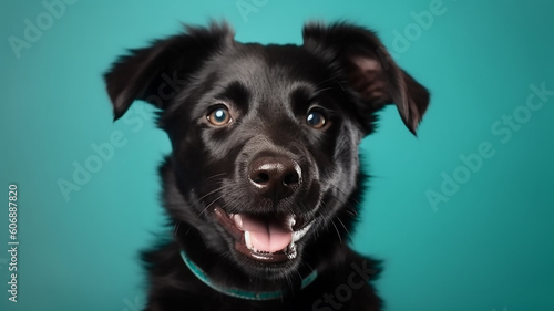 Happy black puppy smiling on an isolated green-blue light background   generative ai tools