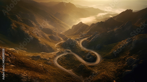 Aerial view of a winding road in the mountains at sunset.