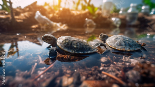  turtles in the water among plastic bottles and garbage, concept: pollution of nature and water bodies. Illustration, Generative AI