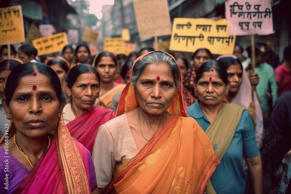 A group of Indian women in traditional sari walking down a street holding signs. Generative AI. A group of Indian women in traditional sari walking down a street holding signs. Generative AI.