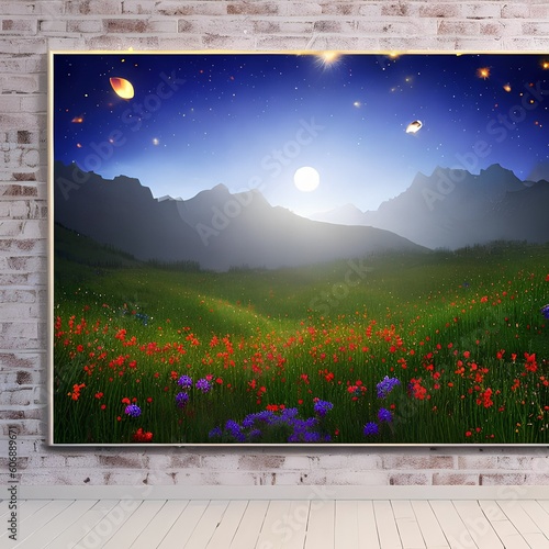 1369 Enchanted Moonlit Meadow: A magical and enchanting background featuring a moonlit meadow with glowing flowers, fireflies, and a mystical and ethereal ambiance1, Generative AI photo