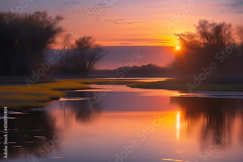 A beautiful sunset on a grassy marshland created with AI generative tools