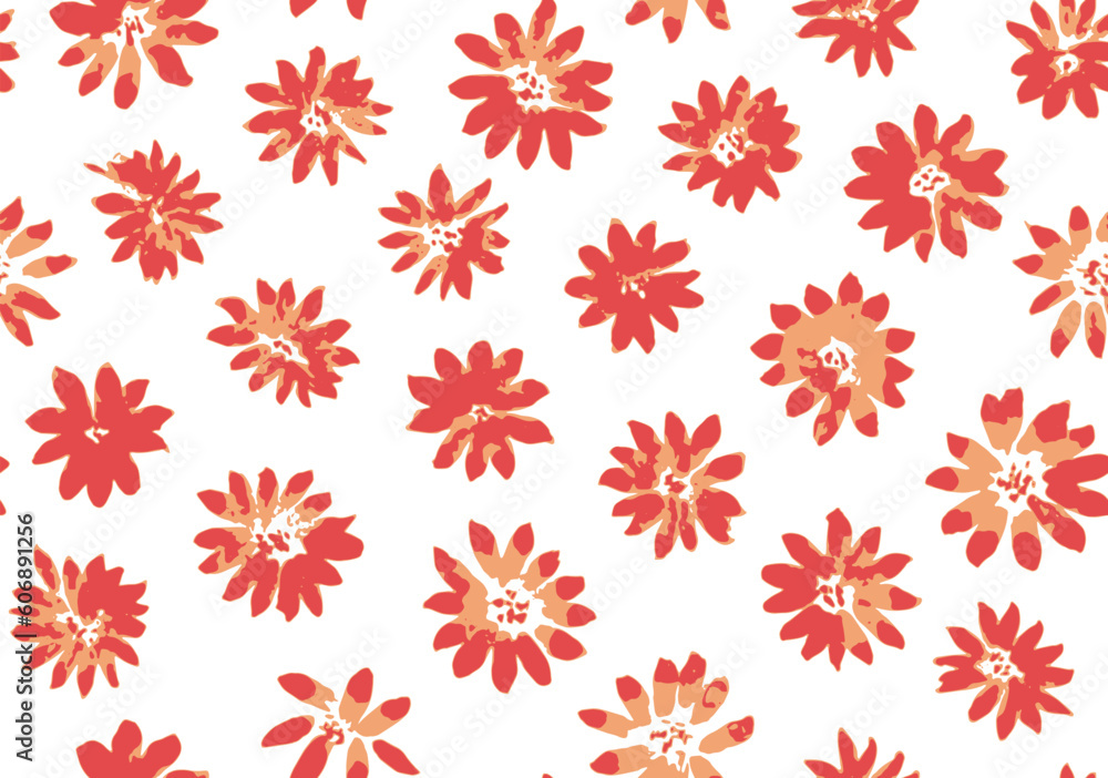 Cute seamless pattern with hand drawn red and orange daisy flowers. Sketch vector floral texture with abstract blossoms for textile, surface design, decoration, wallpaper Cute seamless pattern with hand drawn red and orange daisy flowers. Sketch vector floral texture with abstract blossoms for textile, surface design, decoration, wallpaper