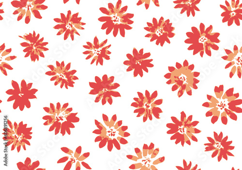 Cute seamless pattern with hand drawn red and orange daisy flowers. Sketch vector floral texture with abstract blossoms for textile, surface design, decoration, wallpaper