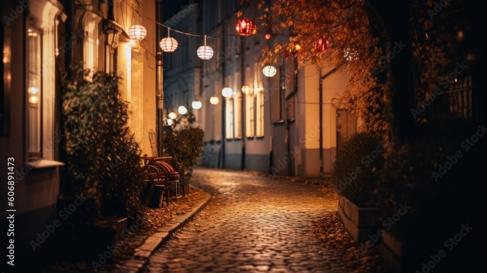 Blurred image of a residential street at night illuminated by lanterns with warm light. Generative AI
