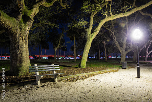 An empty park bench at night with large oak trees illuminated by a single park light.