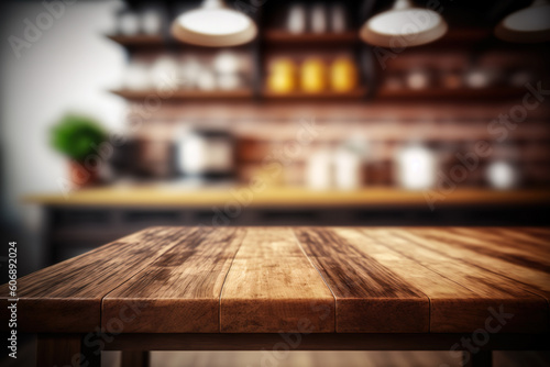 Wooden Table Brown Textured And Kitchen Interior In Front Of Blurred Background - Generative AI