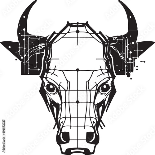 Bull head tech logo technology. Logo design regarding bull. Print design of cyber bull head.