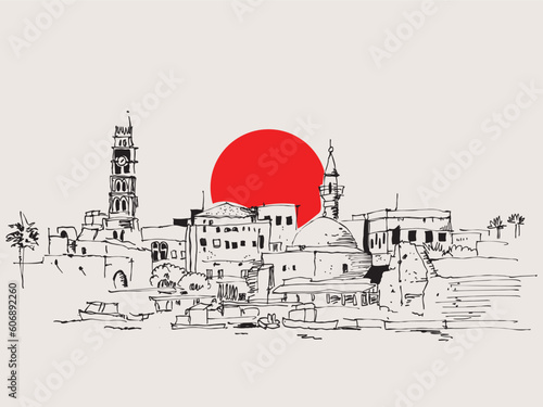 Drawing sketch illustration of the coastline of Accoi northern Israel