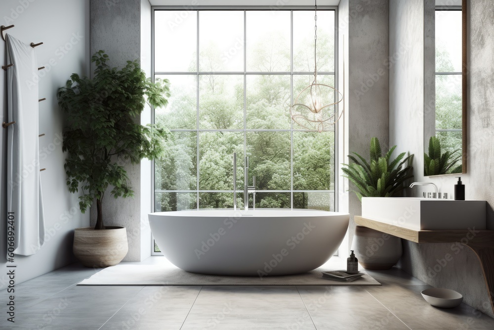Close up of a white bathtub in a bathroom with a big window that is sitting on concrete. a mockup. Generative AI Close up of a white bathtub in a bathroom with a big window that is sitting on concrete. a mockup. Generative AI