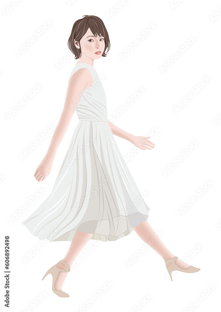 軽やかに歩く白いワンピースの女性イラスト