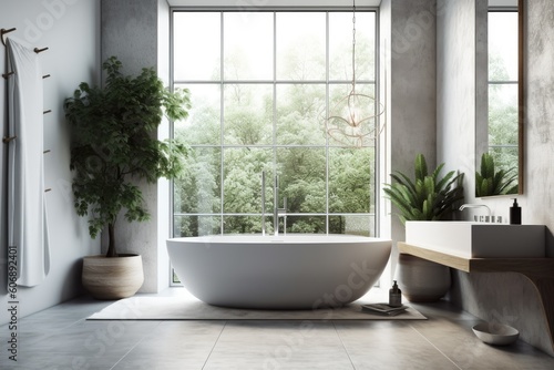 Close up of a white bathtub in a bathroom with a big window that is sitting on concrete. a mockup. Generative AI