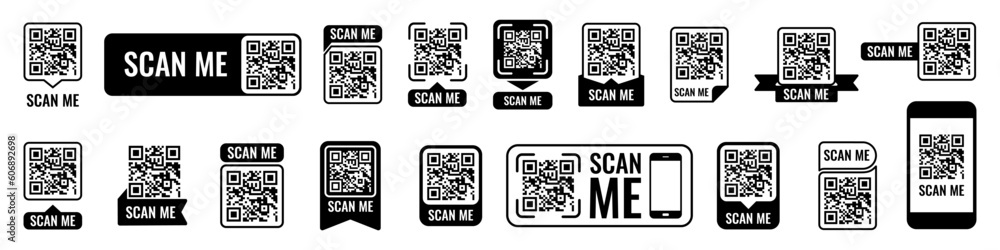 Scan me frame set. Qr code mockup. Mobile payment and identity. Vector illustration Scan me frame set. Qr code mockup. Mobile payment and identity. Vector illustration