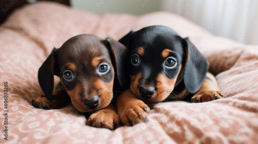 Photography of small puppies in bed. IA generative. Photography of small puppies in bed. IA generative.