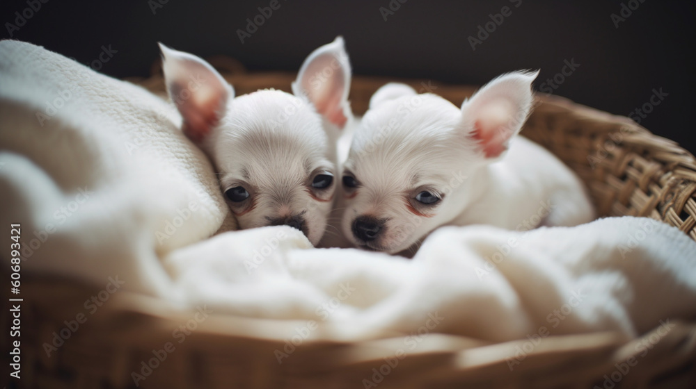 Photography of small puppies in bed. IA generative. Photography of small puppies in bed. IA generative.