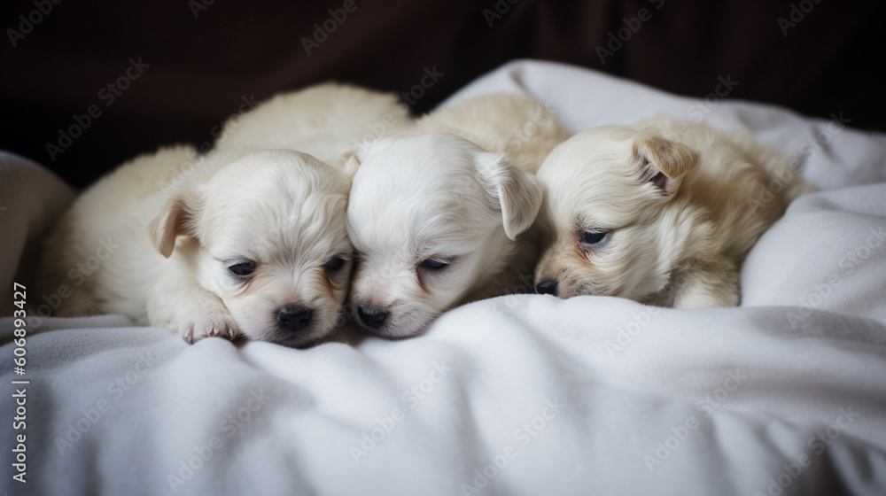 Photography of small puppies in bed. IA generative. Photography of small puppies in bed. IA generative.