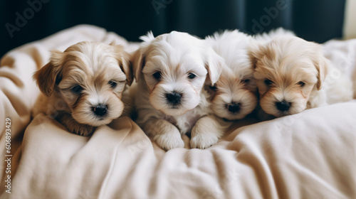 Photography of small puppies in bed. IA generative. © Moon Project