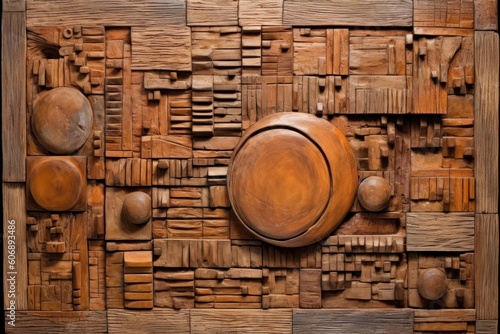 Front facing abstract textured art in natural wood color.Generative AI