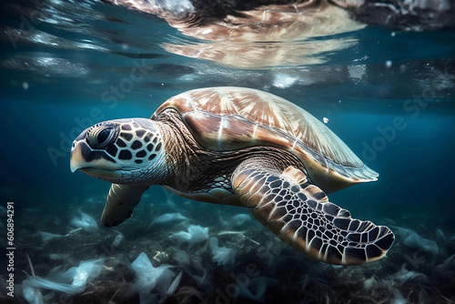 Turtle floating above plastic bags trash garbage. Plastic pollution in ocean environmental problem  poisoning the waters of sea. Global Protection problem. Marine environment pollution. Generative AI