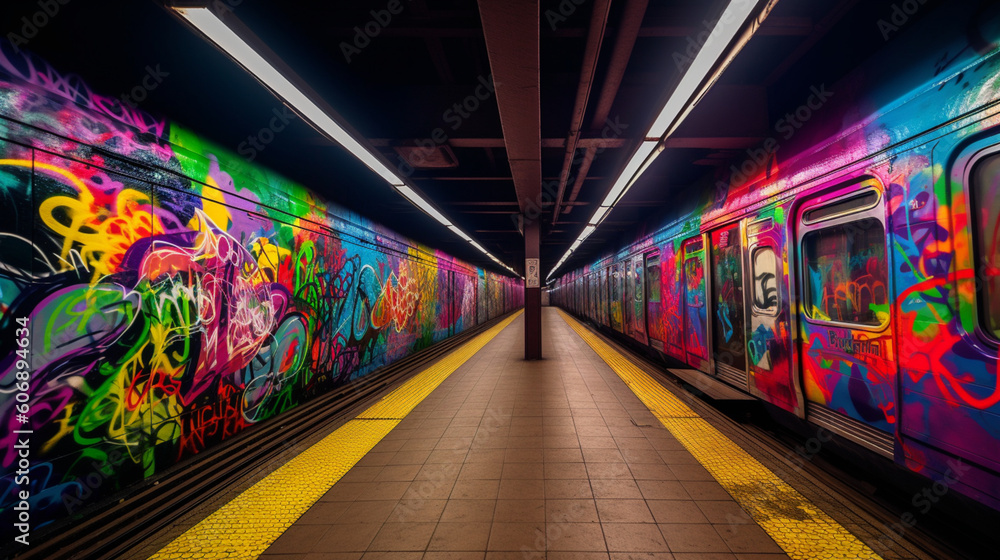 Graffiti photography in the subway with neon colors. IA gnerative.