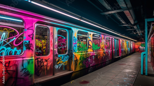 Graffiti photography in the subway with neon colors. IA gnerative.