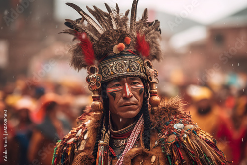 Qoyllur Rit'i in Cusco, Peru: An Andean pilgrimage celebrating the Snow Star Festival, where thousands of pilgrims climb to a sacred mountain to honor the Inca deity. Generative AI. © tilialucida