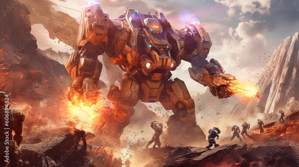 Epic clash between colossal mechs in a war - torn landscape, with ...