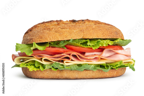 Sandwich with meat, cheese and vegetables isolated on a white background