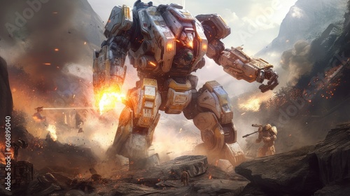 Epic clash between colossal mechs in a war - torn landscape, with explosions and laser beams lighting up the scene