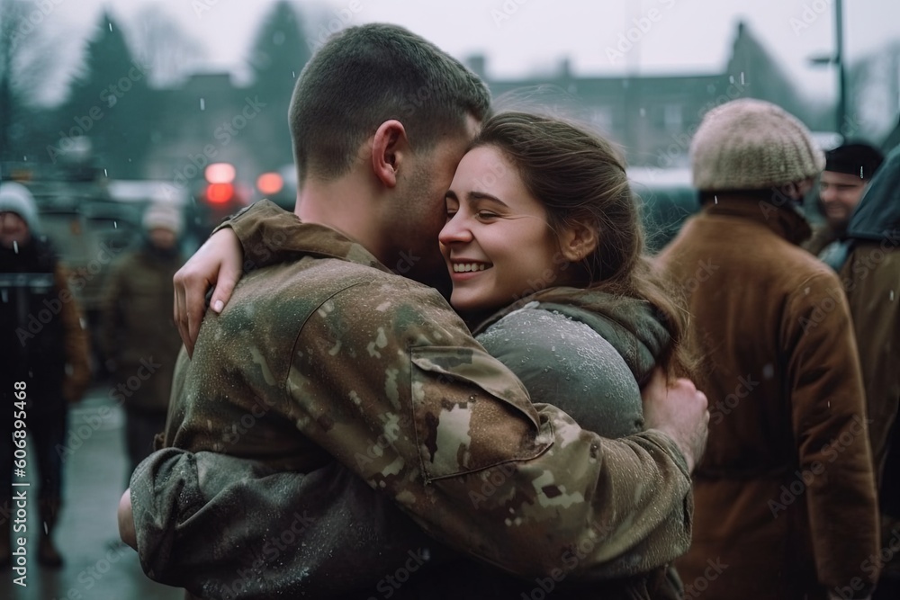 The sweetest homecoming: With eyes full of love and excitement, a young soldier holds his wife tightly, cherishing the precious moment of their reunion.