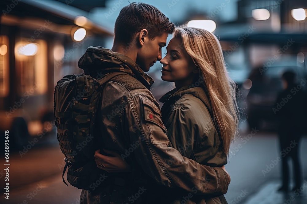 Proud soldier's homecoming: Feel the love and pride in the air as a young military man, adorned in his uniform, tightly embraces his wife upon returning home. - obrazy, fototapety, plakaty 