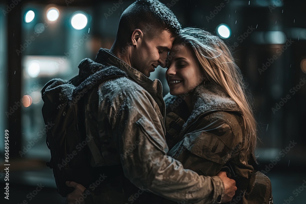 A moment of pure bliss: Capturing the sheer joy of a young soldier as he arrives home from the army, hugging his wife tightly in an embrace filled with happiness and relief. A moment of pure bliss: Capturing the sheer joy of a young soldier as he arrives home from the army, hugging his wife tightly in an embrace filled with happiness and relief.