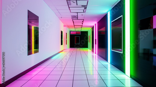 Photograph of a hallway with futuristic white walls with neon colors and a black and white tiled floor. IA generative.