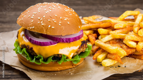 Tasty chicken burger with french fries on a wooden table